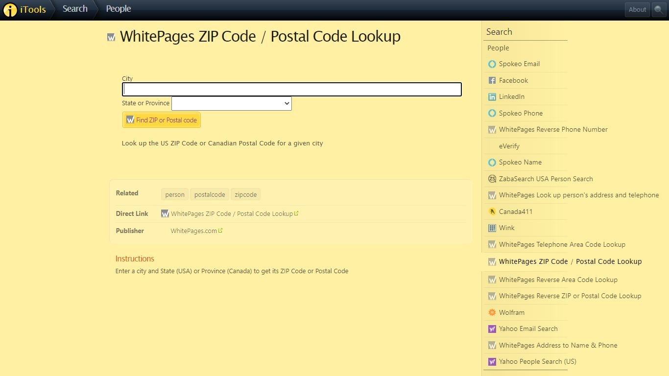 WhitePages ZIP Code / Postal Code Lookup - iTools